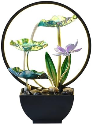 Waterfall Fountain Indoor, Lotus Leaf Desktop Water Feature Indoor, with LED Light, Iron and Plastic, Relaxing Water Feature, Office Living Room Home Decor Art, Gift(Colorful)