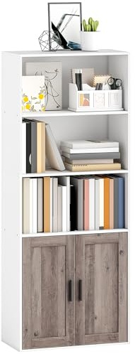 HOMCOM Estantería para Libros Estrecha, Librería con Puertas, Estantes Abiertos y Armario con Balda Ajustable, para Salón, Estudio, Oficina, 60x30x149,5 cm, Blanco y Marrón