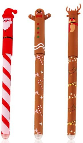 tysumeoy Radierbare Gelstifte Weihnachten, 3 Pcs Neuer Weihnachtsstifte, 2025 Weihnachtsstifte Set - Santa, Rentier, Lebkuchenmann, für Kinder, Schule und Büro