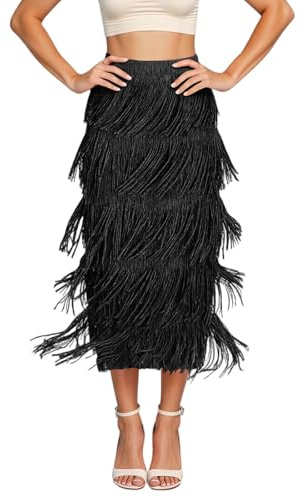 Gonna a pieghe da donna con frange, lunga gonna elastica elegante, gonna midi con nappe, gonna latina, tango, samba, sala da ballo, festival, Nero , Taglia unica