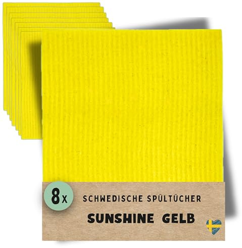 Grünschloss Spüllappen waschbar Sunshine (8X) – Original Schwedische Spültücher Baumwolle + Zellulose (Die Nicht Stinken) – Natur Schwammtücher Küche, Abwaschlappen Bunt & Putzlappen Gelb