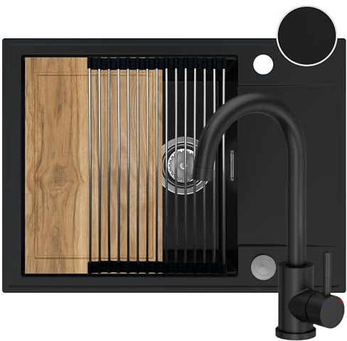 SINK QUALITY Spülbecken schwarz mit Armatur Set 62x46 - Spüle mit Wasserhahn, Schneidebrett, Siphon PUSH, Abtropfgestell, Imprägniermittel - Küchenspüle Komplettset für 55er Unterschrank
