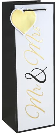 Mr & Mrs Script Champagne White Bottle Gift Bag 35cm – Wedding Paper Wine Bottle Present Bag with Black Handles & Gold Heart Tag