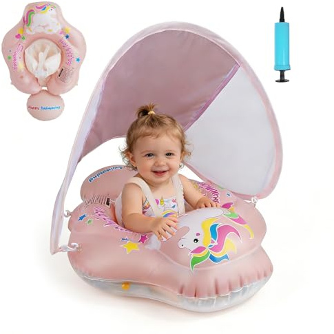 Nzkeuf Salvagente Neonato con Parasole, Ciambella Neonato Mare con Sedile di Sicurezza Regolabile, Caratteristiche Antiribaltamento, UPF50+ Protezione UV, per Bambini da 6 a 36 mesi
