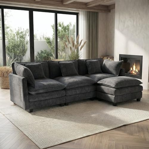 GRAVFORCE Sofa mit Schlaffunktion 239 cm L Form 3 Sitzer Sofa mit 2 Hocker Couch Modulares Ecksofa Chenille Couch mit tiefer Sitz für Wohnzimmer Wohnung Büro Dunkelgrau