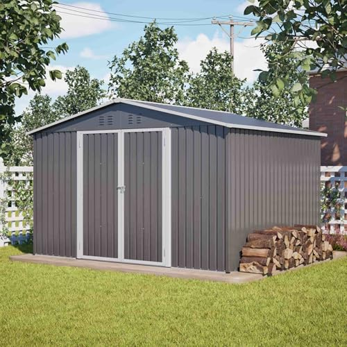 YEHTOKHOME 10x8FT Abri de Jardin en Métal 300x252x191cm,cabane de Jardin avec Portes coulissantes et Ventilation,cabanon Rangement Outils,pour Jardin et Stockage (Gris-C)
