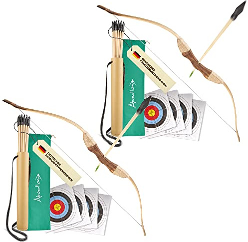 Abowllon® Pfeil und Bogen für Anfänger Sportgerät Set 15 Pfeile mit Gummispitze, Köcher, Tasche & 4 Zielscheiben | Bogenschießen | Für Rechts und Linkshänder (2 Stück)