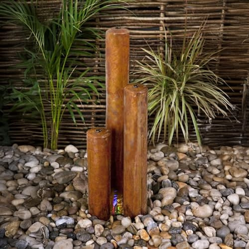 Primrose 137cm Corten Steel Rust Effect 3 Tiered Tubes Outdoor Garden Water Feature with LED Lights