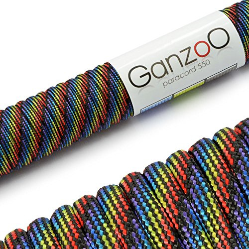 Ganzoo Paracord 550 Seil Typ 3 aus Nylon-Polyester, 4mm, 30 m, 7 Kernstränge, Outdoor-Schnur und Allzweck-Seil für Hundehalsband, Hundeleine, Armband knüpfen, Camping, Survival, Regenbogen dunkel