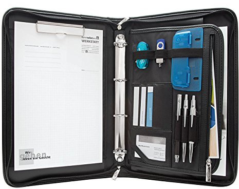 WEDO Elegance A4 Konferenzmappe mit Rundum-Reißverschluss – Business Organizer mit abnehmbarem 4-Ring-Mechanismus, Außentaschen, Stift- & Kartenfächern – schwarz