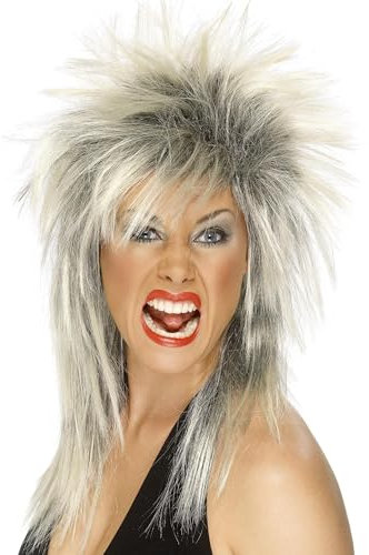 Smiffys Rock Diva Wig, Two Tone Blonde & Black, Long Mullet, 1980's Fancy Dress, Adult Dress Up Wigs