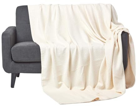 HOMESCAPES Couverture en Coton Bio - Naturel, Plaid nid d’Abeille 230 x 230 cm