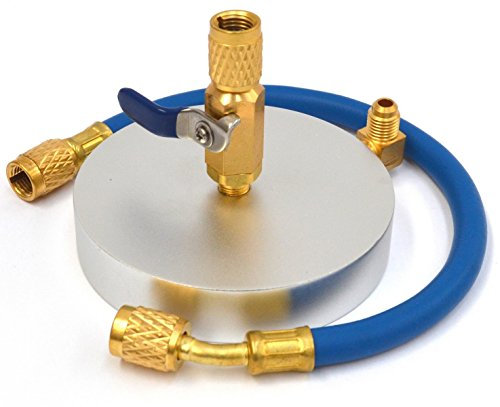 3S SuperSamaStore Supporto Piattello per Bombola da 1 Kg 5/16 Sae in Ottone con Rubinetto a Sfera, Uscita 1/4 Sae per Frusta, Adattatore/Raccordo per Carica Gas Refrigerante HVAC-R