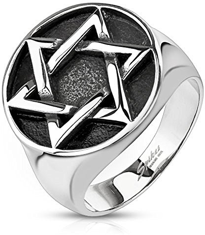 BlackAmazement Unisex - Bague Davidstern en acier inoxydable 316L - Biker Gothique - Argent - Hexagramme - Médaillon - Sceau, Acier inoxydable