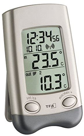 TFA Dostmann Wave Funk-Thermometer, Außentemperatur, Innentemperatur, Höchst- und Tiefstwerte, mit Uhrzeit, Wochentag, Datum, L 70 x B 30 (66) x H 115 mm