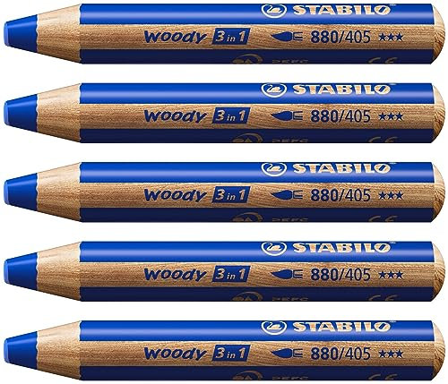 STABILO - Buntstift, Wasserfarbe & Wachsmalkreide - woody 3 in 1-5er Pack - ultramarinblau