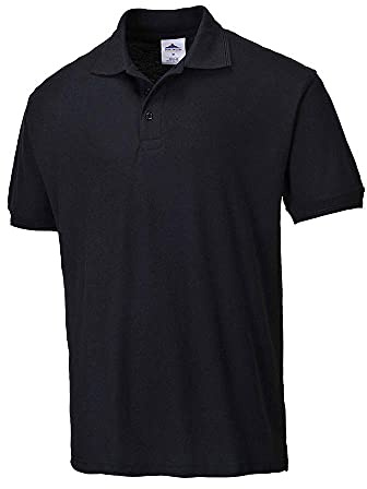 Portwest B210 Naples Mens Polo Shirt Short Sleeve Pique Knit Polycotton Corporate Workwear Uniform UPF 40 Plus UV Protection Rib Collar Cuffs Twin Stitched Seams, Black, M