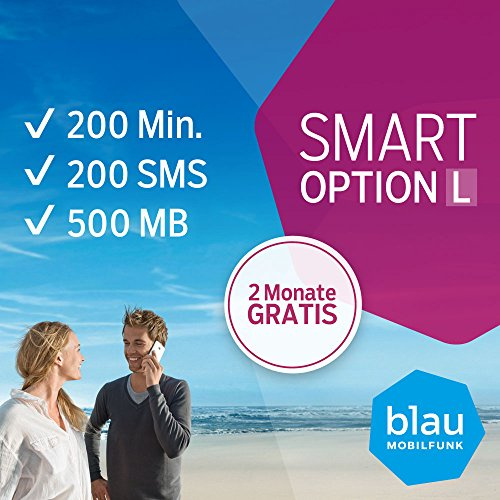 blau Prepaid SIM-Karte mit Smart-Option L 2 Monate gratis (keine Vertragsbindung), 200 Min./200 SMS/500 MB Highspeed-Internet, 25 Euro für Handynummern-Mitnahme