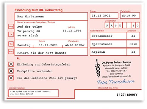 gestaltenlassen.com (10 x) Einladungskarten Geburtstag ärztliches Rezept Krankenrezept Einladungen