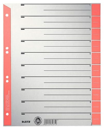 Leitz Register für A4, Deckblatt und 10 Trennblätter, Taben individuell zuschneidbar, 25 Stück, Überbreite, Grau/Rot, 100% Recyclingkarton, 16523025