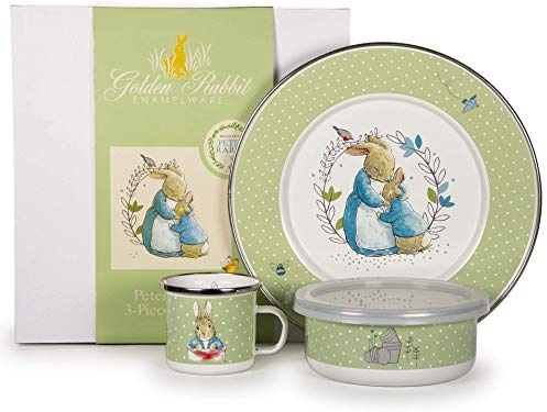 Golden Rabbit Enamelware Child Dinnerware Set: Plate, Mug and Bowl with Lid, Polka Dot Peter