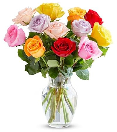 From You Flowers - One Dozen Rainbow Roses with Glass Vase | Fresh Flower Bouquets for Mother's Day, Birthday, Anniversary, Get Well or Celebration