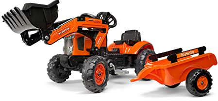 Falk 2065AM - Tractopala a Pedali Kubota con rimorchio, a Partire dai 2 Anni in su, con Pala Frontale snodata e sterzo direzionale con clacson.