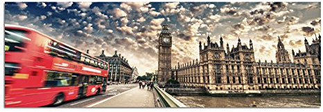 Paul Sinus Art Panoramabild auf Leinwand und Keilrahmen 150x50cm London Westminster Bridge Bus Wolken Himmel