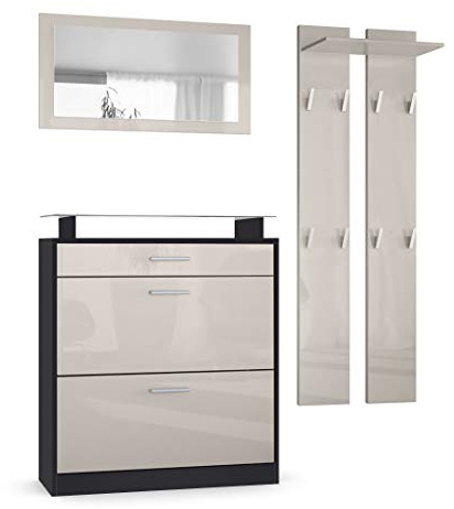 Vladon Garderobe Loret mini, Garderobenset bestehend aus 1 Schuhschrank, 1 Wandspiegel und 2 Garderobenpaneele, Schwarz matt/Sandgrau Hochglanz
