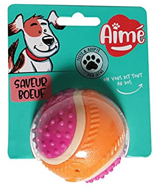 Aimé - Palla per cane 5 in 1 al sapore di manzo - Giochi per cani, giochi interattivi per cani, per stimolare i 5 sensi - Resistente, adatta a tutte le razze e per tutte le età - Dimensione 6 cm