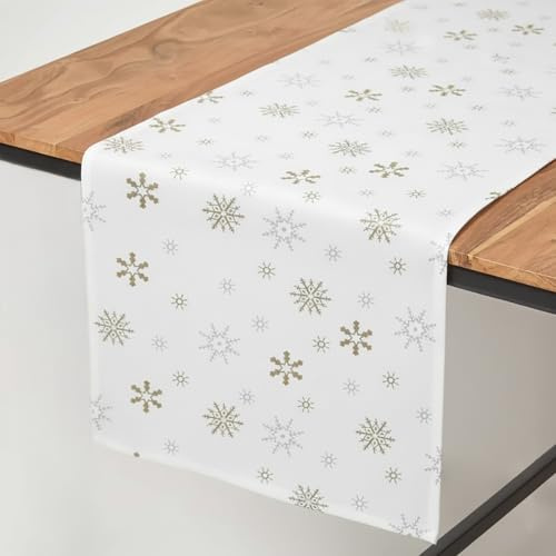 HOMESCAPES Weihnachtstischläufer mit Schneeflocken-Motiv 44x178 cm, weißer Tischläufer aus 100% Baumwolle, Läufer für Esstisch, waschbar & pflegeleicht