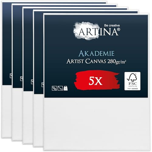 Artina FSC® Keilrahmen 5er Set Akademie 60x80 cm – Leinwand Set Maltuch aus 100% Baumwolle Leinwände 280 g/m² - Keilrahmenset Leinwand zum Bemalen für Acryl-, Aquarell-, Ölfarbe uvm