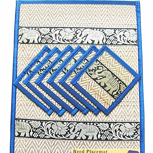 Set of 6 Elephant Reed Placemats Coasters Thailand Home Decorate Silk Handcraft Handmade Dining Room Blue Color