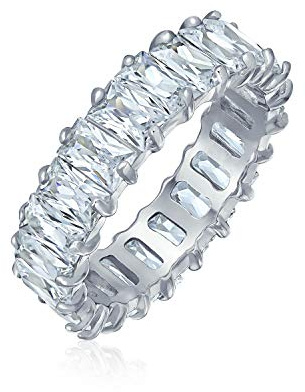Art Deco Stil .925 Sterling Silber Eternity Band Ring für Damen mit AAA CZ Smaragdschliff Zirkonia Baguette 4MM Jubiläums Hochzeit