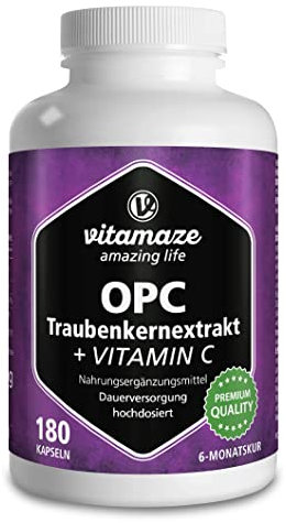 OPC Traubenkernextrakt Kapseln, zertifiziert, hochdosiert: 450 mg reines OPC, 180 Kapseln für 6 Monate, Natürliche Nahrungsergänzung ohne Zusätze, Made in Germany
