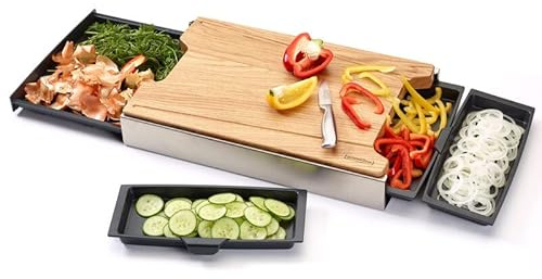 Schneidbox Eiche - Schneidebrett Mit 4 Auffangschalen Im Edelstahlkasten - Patentiertes Trennsystem - Made In Germany - 46 x 30 x 7 cm