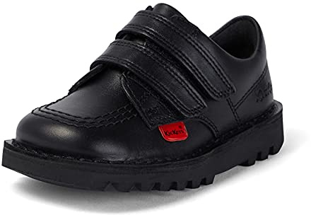 Kickers Unisex Kids Kick Lo Vel Twin Strap Black Leather School Uniform Shoes | Smart Everyday School Look | Hook & Loop Fastening, Cushioned for All-Day Wear