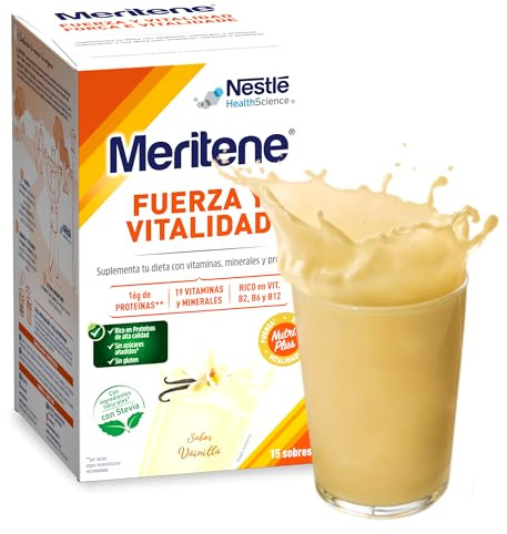 Meritene | Fuerza y Vitalidad | Batidos Sabor Vainilla | Fuerza para tus Músculos, Vitalidad para ti | Solución Nutricional para Adultos con Proteínas, Vitaminas y Minerales | 15 Sobres | 450 gr