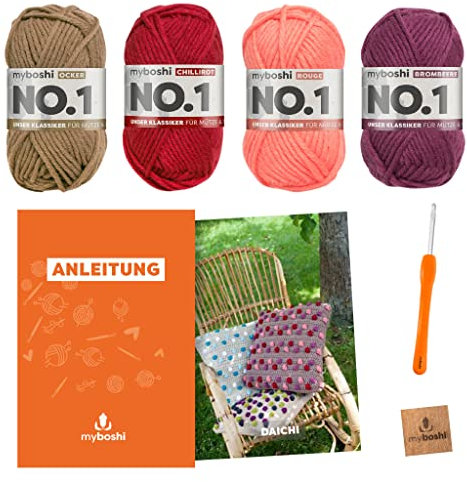 myboshi Häkelset Kissen Daichi, inkl. No.1 Wolle, Nadel und Anleitung, original Label, Häkelpaket, 30% Merinowolle Rot, mit Häkelnadel