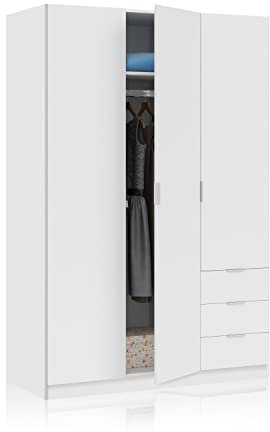 Habitdesign Armoire penderie 3 portes et 3 tiroirs, 121 x 180 x 52 cm (largeur x hauteur x profondeur – en cm) Blanc « Artik »