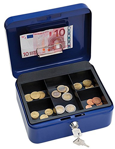 Wedo 145203H Geldkassette (aus pulverbeschichtetem Stahl, versenkbarer Griff, Geldnoten- und Belegeklammer, 5-Fächer-Münzeinsatz, Sicherheits-Zylinderschloss, 20 x 16 x 9 cm) blau