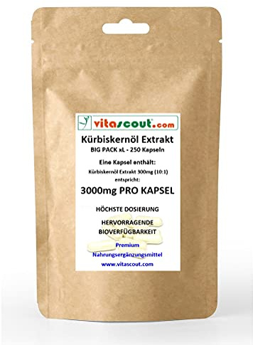 Kürbiskernöl Extrakt, 250 Kapseln, 3000 mg, Reich an Omega-3, Ohne Zusätze, Hohe Dosierung