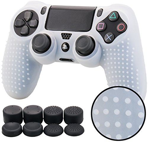Pandaren® STUDDED silikonskyddshud halkskydd för PS4/SLIM/ PRO-kontroll x 1 (klarvit) + FPS PRO tumgrepp x 8