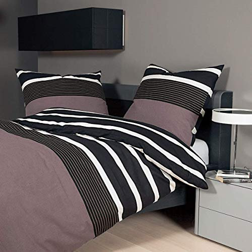 Janine Bettwäsche Davos 65030 07 Nougat Schwarz Feinbiber Streifen Warm Kuschelig Baumwolle, Größe:155 cm x 220 cm