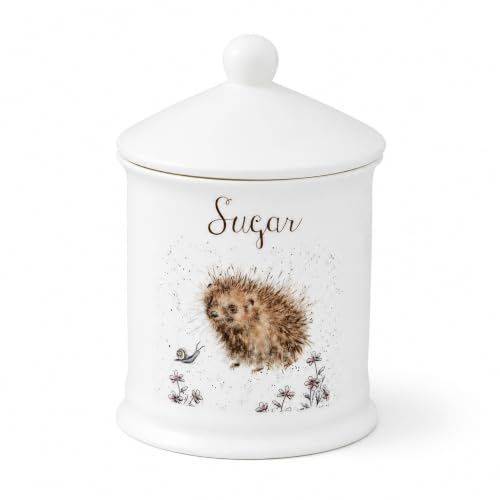 Royal Worcester x Wrendale Designs Sugar Canister with Lid - Fine Bone China Sugar Storage Jar, Hedgehog Animal Illustration by Hannah Dale, White, 10.5 x 15.5cm