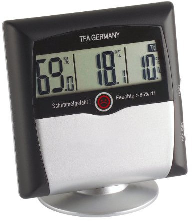 TFA Dostmann Comfort Control digitales Thermo-Hygrometer, 30.5011, mit Schimmelalarm, Raumklimakontrolle, Luftfeuchtigkeitsmesser, Raumthermometer, zum Stellen innen, klein & handlich, schwarz-grau