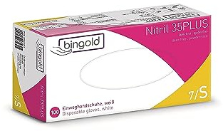 BINGOLD Einmalhandschuhe Nitril 35PLUS, weiß, Größe S, 100 Stück | Puderfreie Einweghandschuhe aus Nitril für Hygiene, Pflege und Labor, weiß, Größe S, 100 Stück pro Spenderbox