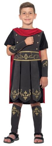 Smiffys Disfraz de soldado romano, Negro, con túnica, capa incorporada, muñequeras y espinilleras Halloween, Carnaval