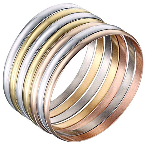 Castillna Tri-Color Silver Gold Rose Gold Bangle Bracelets for Women, 7.8 Inches