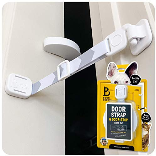 Door Buddy Cat Door Latch & Stopper. Adjustable Dog Proof Strap for Cats to Keep Dog out of Litter Box & Feeder. Simpler Pet Gate Alternative. No-Cut Interior Cat Door